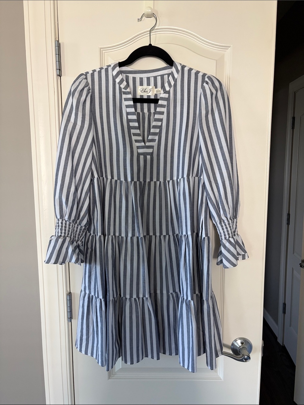 Eliza J Navy and White Vertical Stripe Long Sleeve Tiered Dress